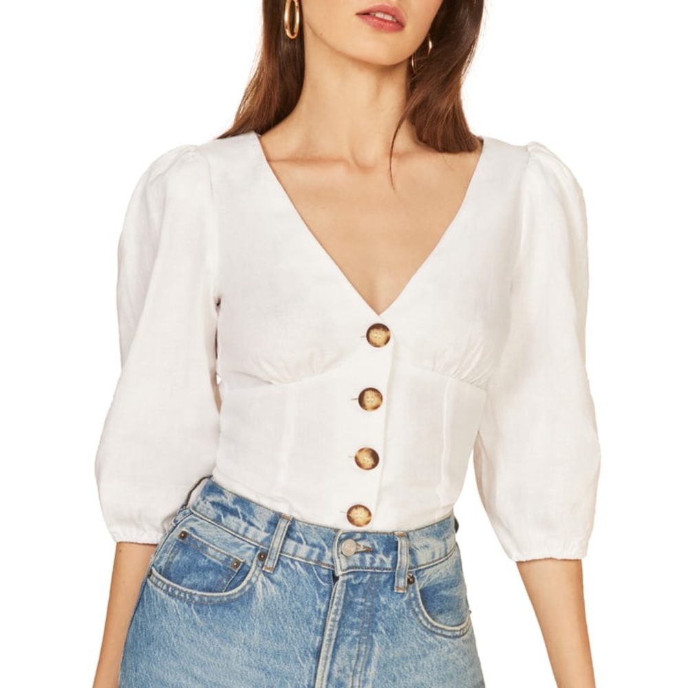 NEW Reformation Anton Balloon Sleeve Linen Top, 6
